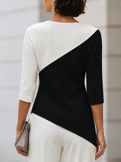 Sweater med asymmetrisk farveblok og 3/4 ærmer til damer