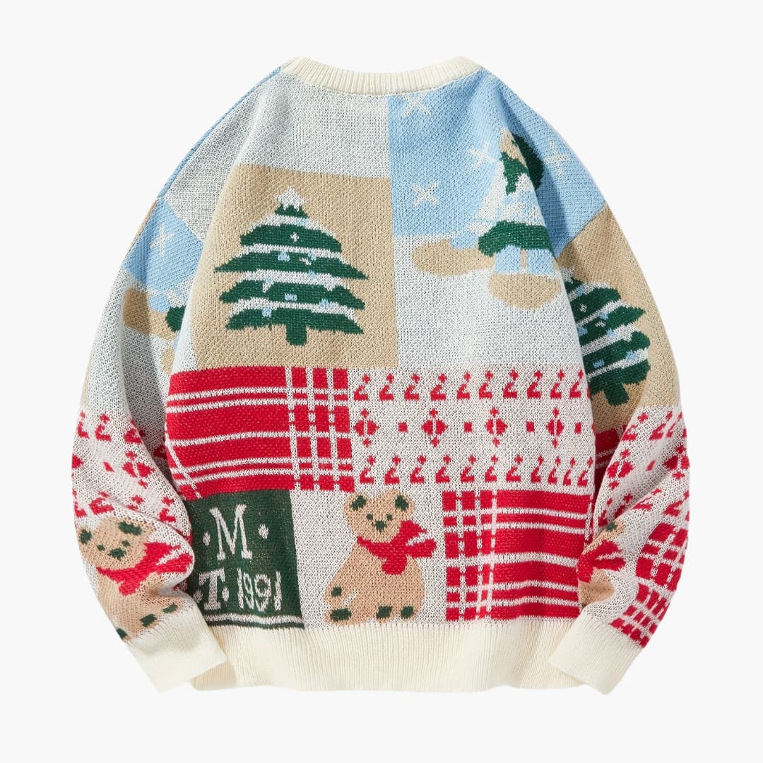Julesweater med rund hals, bjørnemotiv og juletræ i strik