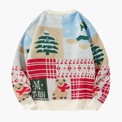 Julesweater med rund hals, bjørnemotiv og juletræ i strik