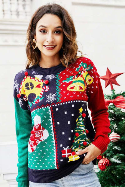 Julesweater dame med rund hals, ribkanter og regular pasform