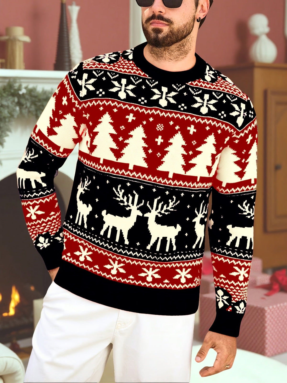Julesweater med rund hals og rensdyrmønster til mænd