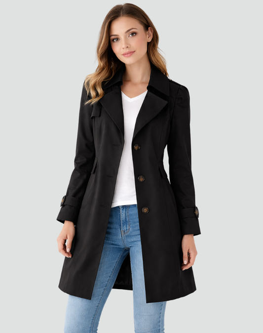 Frakke dame trenchcoat med revers og knaplukning i knælang model
