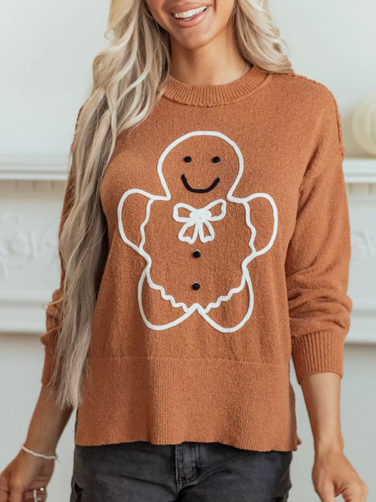 Julesweater dame med pepperkagemand og rund hals, oversized pasform