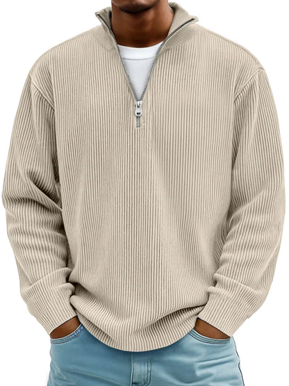 Ribbet sweater med halv lynlås og høj krave til mænd