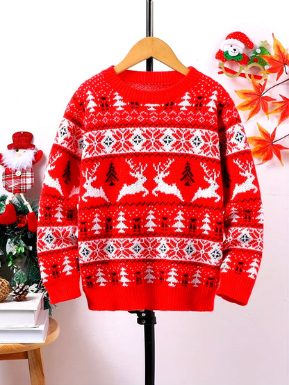 Julesweater dame med rensdyrmønster og rund hals, strikket pullover