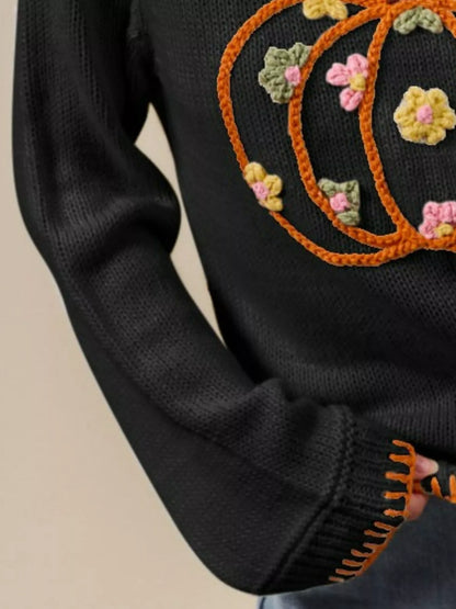 Sweater med græskarbroderi og blomsterbroderi til damer