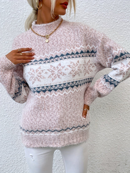 Julesweater dame med snefnugmønster, høj krave og lange ærmer