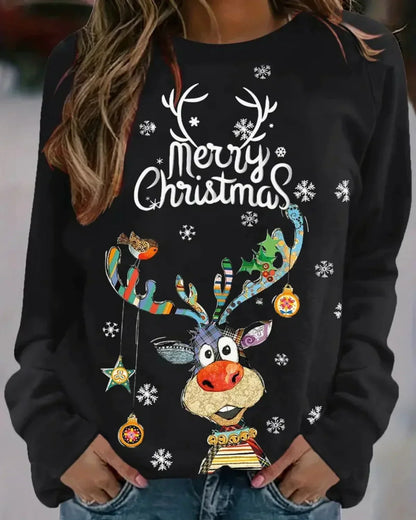 Julesweater dame med rensdyrprint, rund hals og raglanærmer