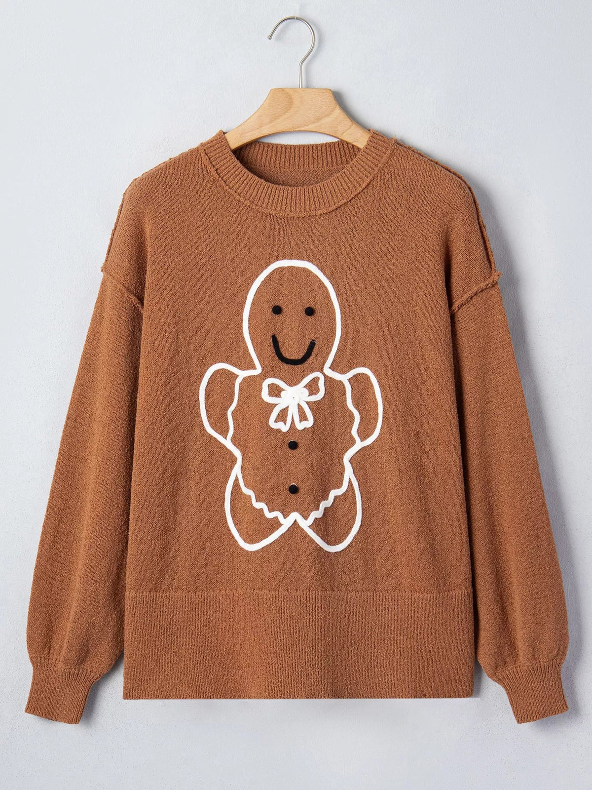 Julesweater dame med pepperkagemand og rund hals, oversized pasform