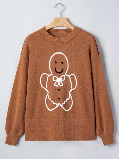 Julesweater dame med pepperkagemand og rund hals, oversized pasform