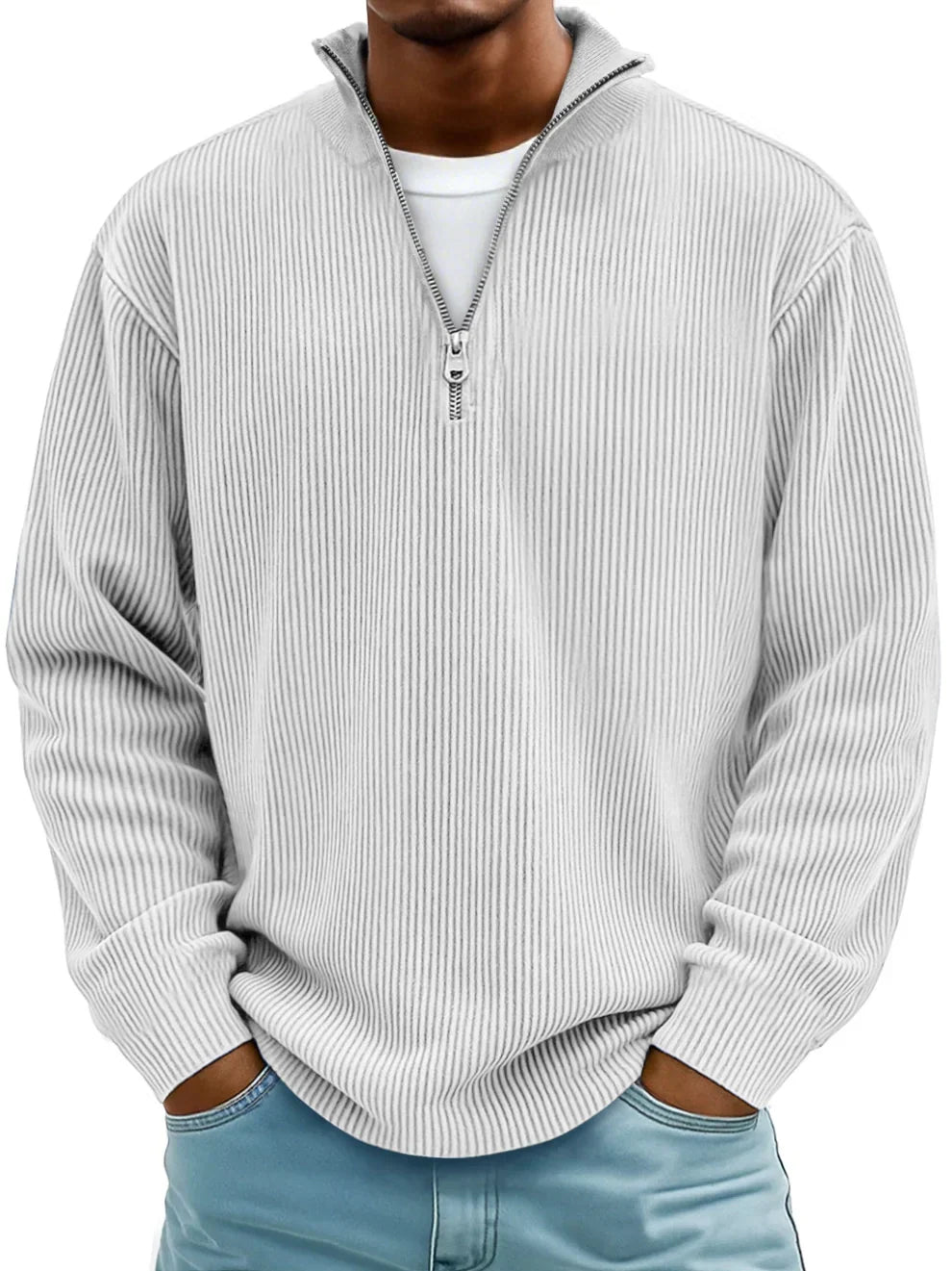 Ribbet sweater med halv lynlås og høj krave til mænd