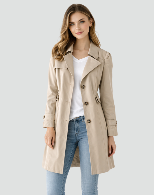 Frakke dame trenchcoat med revers og knaplukning i knælang model
