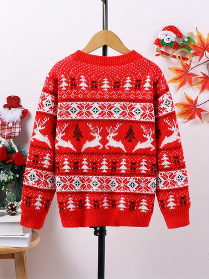 Julesweater dame med rensdyrmønster og rund hals, strikket pullover
