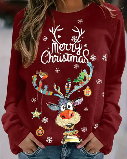 Julesweater dame med rensdyrprint, rund hals og raglanærmer