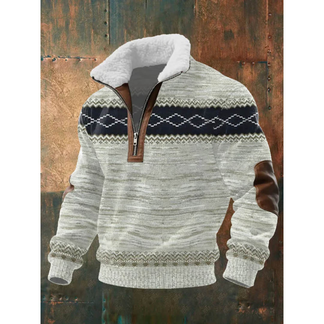 Sweater til mænd med halv lynlås, høj krave og albuepatches i regular pasform