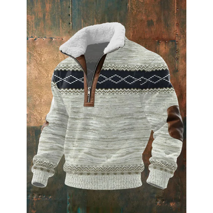 Sweater til mænd med halv lynlås, høj krave og albuepatches i regular pasform