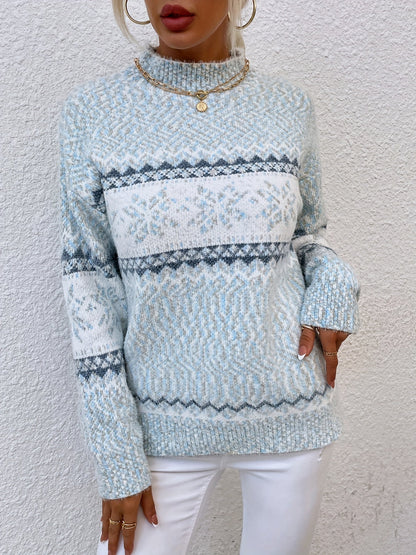 Julesweater dame med snefnugmønster, høj krave og lange ærmer