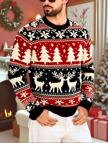 Julesweater med rund hals og rensdyrmønster til mænd