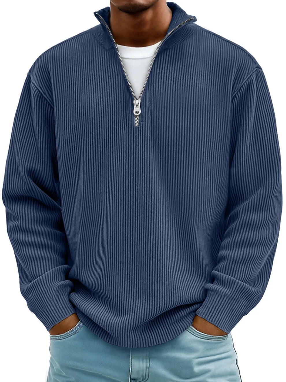 Ribbet sweater med halv lynlås og høj krave til mænd