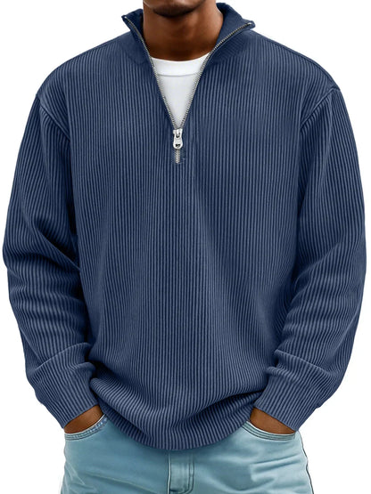 Ribbet sweater med halv lynlås og høj krave til mænd