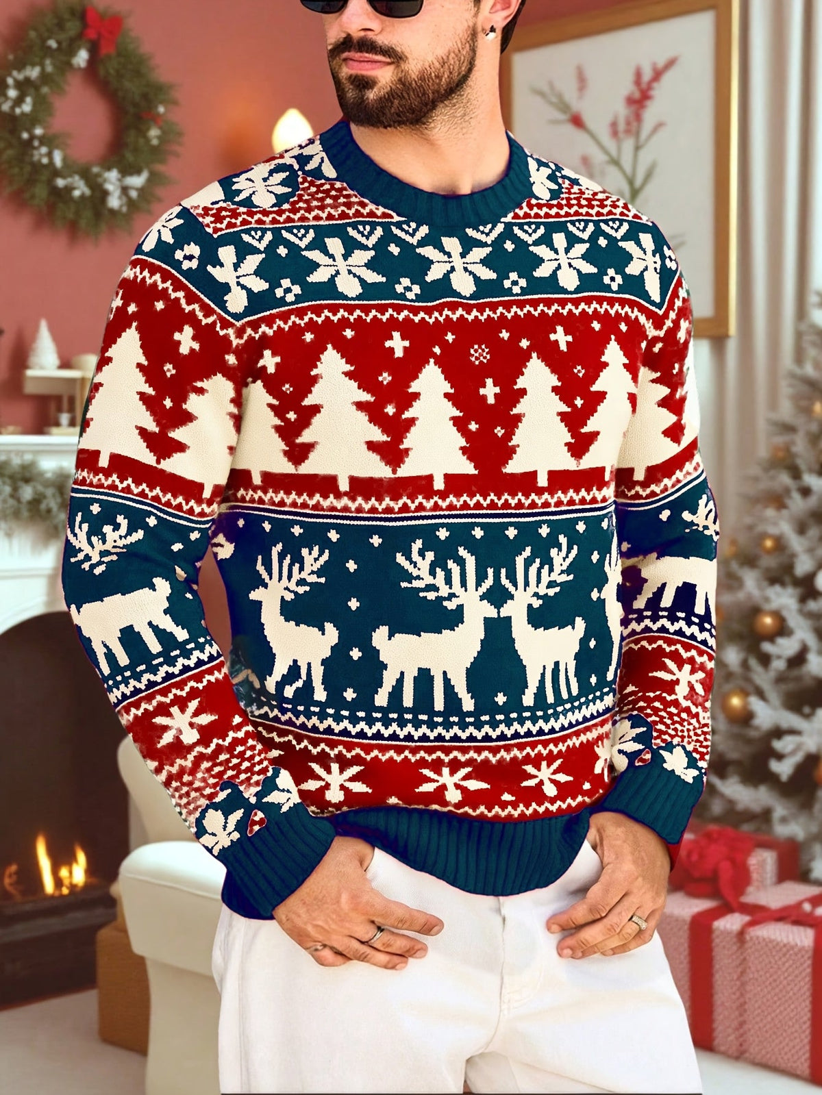 Julesweater med rund hals og rensdyrmønster til mænd