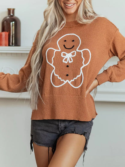 Julesweater dame med pepperkagemand og rund hals, oversized pasform