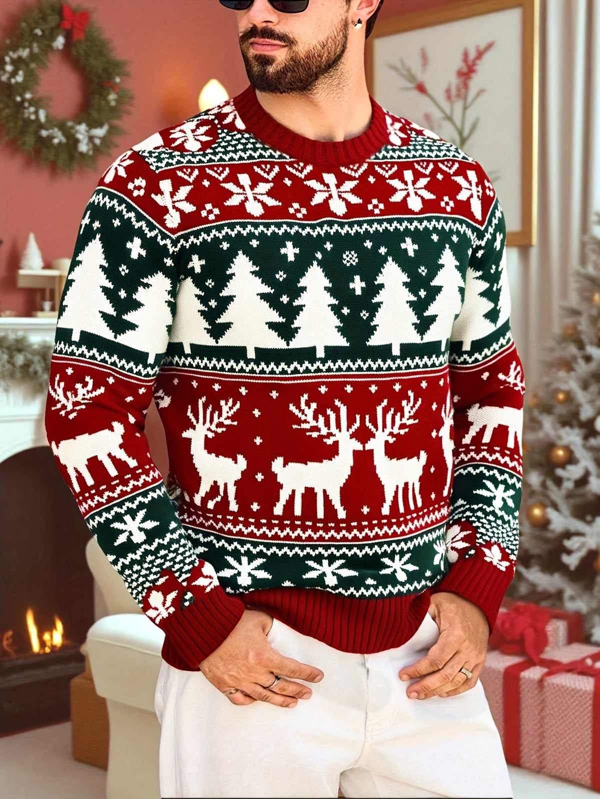 Julesweater med rund hals og rensdyrmønster til mænd