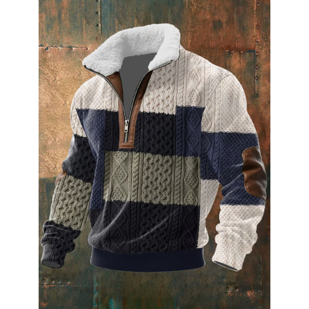 Sweater til mænd med halv lynlås, høj krave og albuepatches i regular pasform