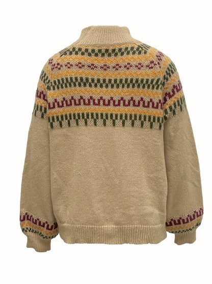 Strikket sweater med høj hals og nordisk mønster til damer