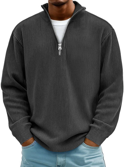 Ribbet sweater med halv lynlås og høj krave til mænd