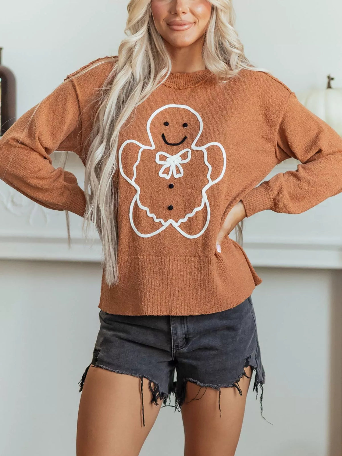 Julesweater dame med pepperkagemand og rund hals, oversized pasform