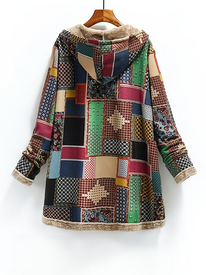 Vinterjakke dame med hætte, knapper og patchwork-mønster