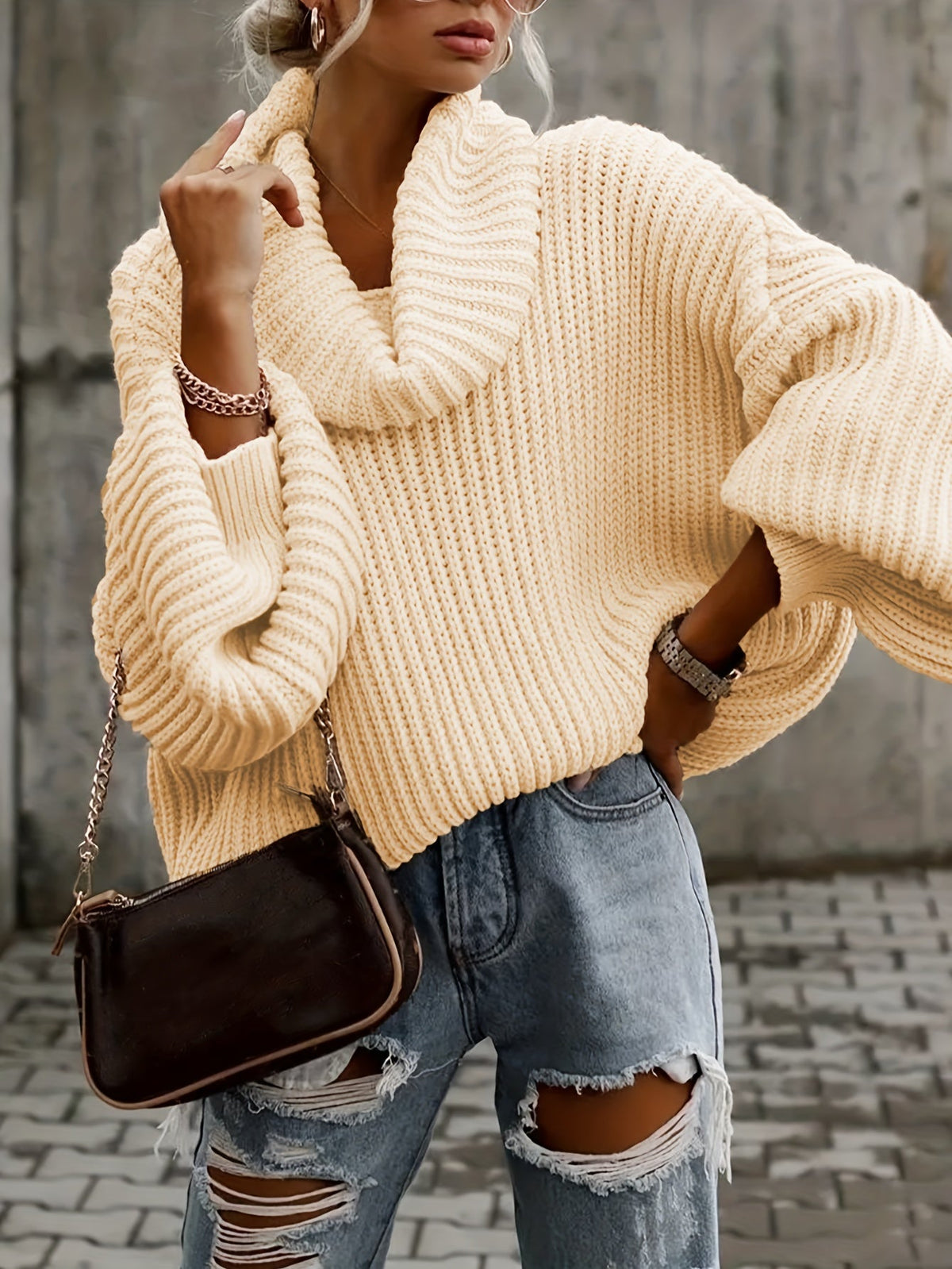 Oversized sweater med rullekrave og flagermusærmer til damer