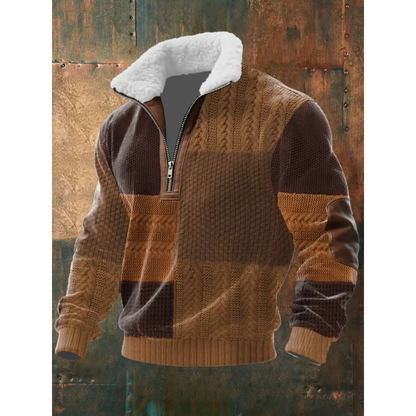 Sweater til mænd med halv lynlås, høj krave og albuepatches i regular pasform