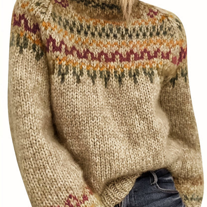 Strikket sweater med høj hals og nordisk mønster til damer