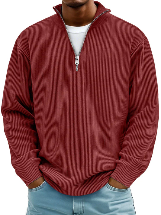 Ribbet sweater med halv lynlås og høj krave til mænd