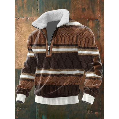 Sweater til mænd med halv lynlås, høj krave og albuepatches i regular pasform