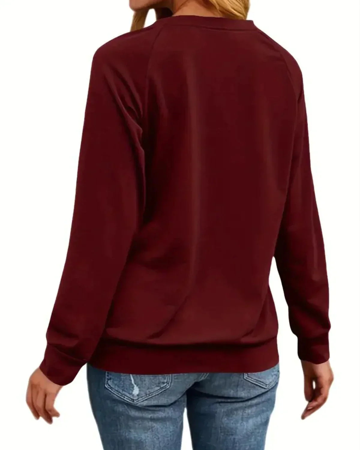 Julesweater dame med rensdyrprint, rund hals og raglanærmer