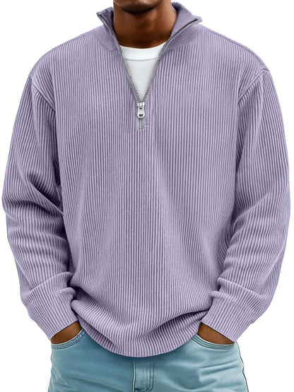 Ribbet sweater med halv lynlås og høj krave til mænd