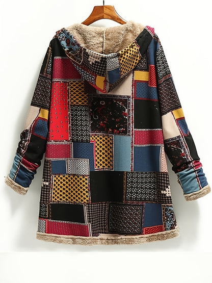 Vinterjakke dame med hætte, knapper og patchwork-mønster