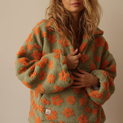 Hoodie til damer med halv lynlås og blomsterprint i oversized fit