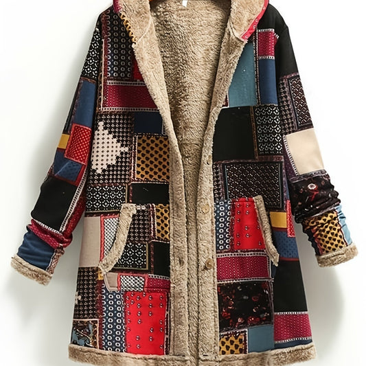 Vinterjakke dame med hætte, knapper og patchwork-mønster