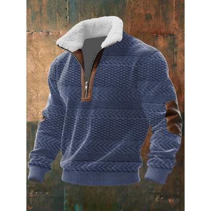 Sweater til mænd med halv lynlås, høj krave og albuepatches i regular pasform