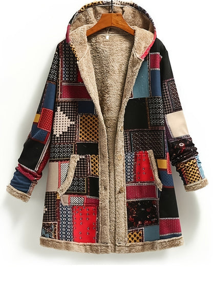 Vinterjakke dame med hætte, knapper og patchwork-mønster