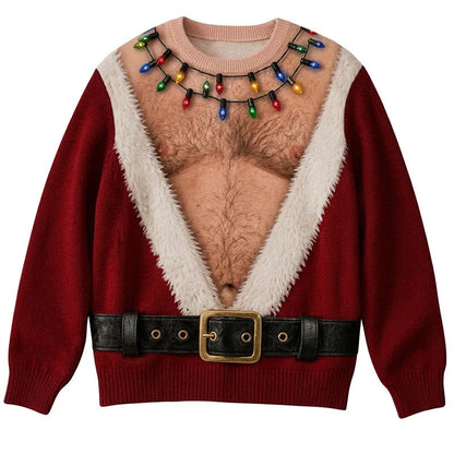 Julesweater til mænd med rund hals og print af julelys og bælte
