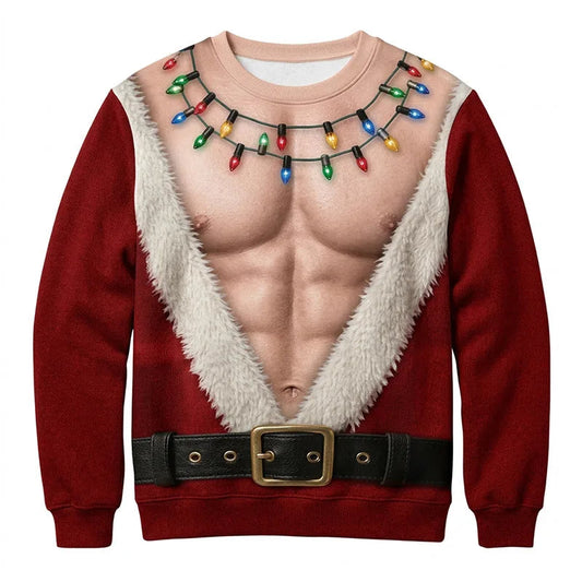 Julesweater til mænd med rund hals og print af julelys og bælte