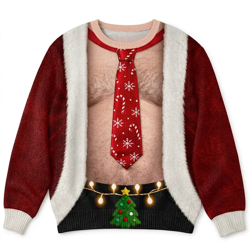Julesweater til mænd med rund hals og print af julelys og bælte