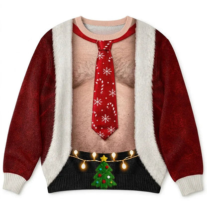 Julesweater til mænd med rund hals og print af julelys og bælte