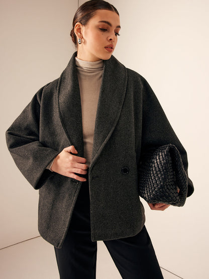 Oversized frakke dame med sjalskrave og dobbeltradet knaplukning