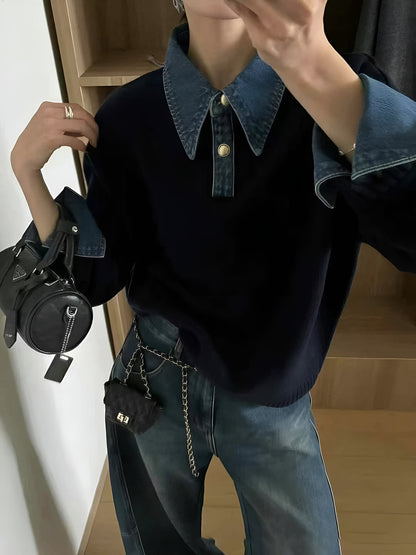 Sweater med polokrave og denimdetaljer til damer i relaxed fit